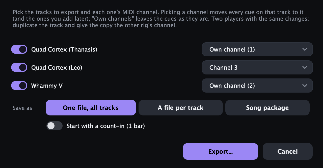 Export: tracks, channels, one file or a file per track