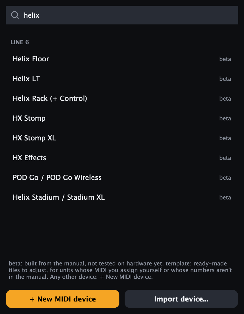 The device list, searching for Helix